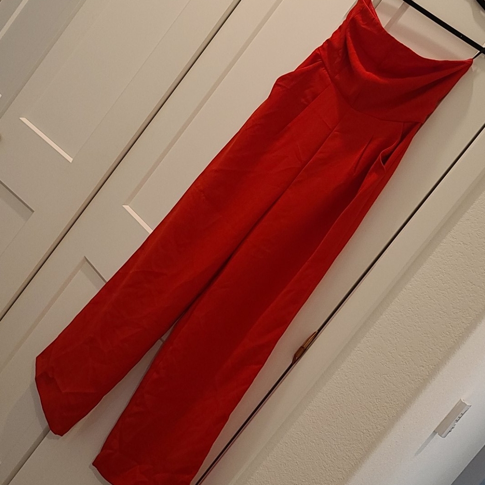 Red  strapless wide leg jumpsuit